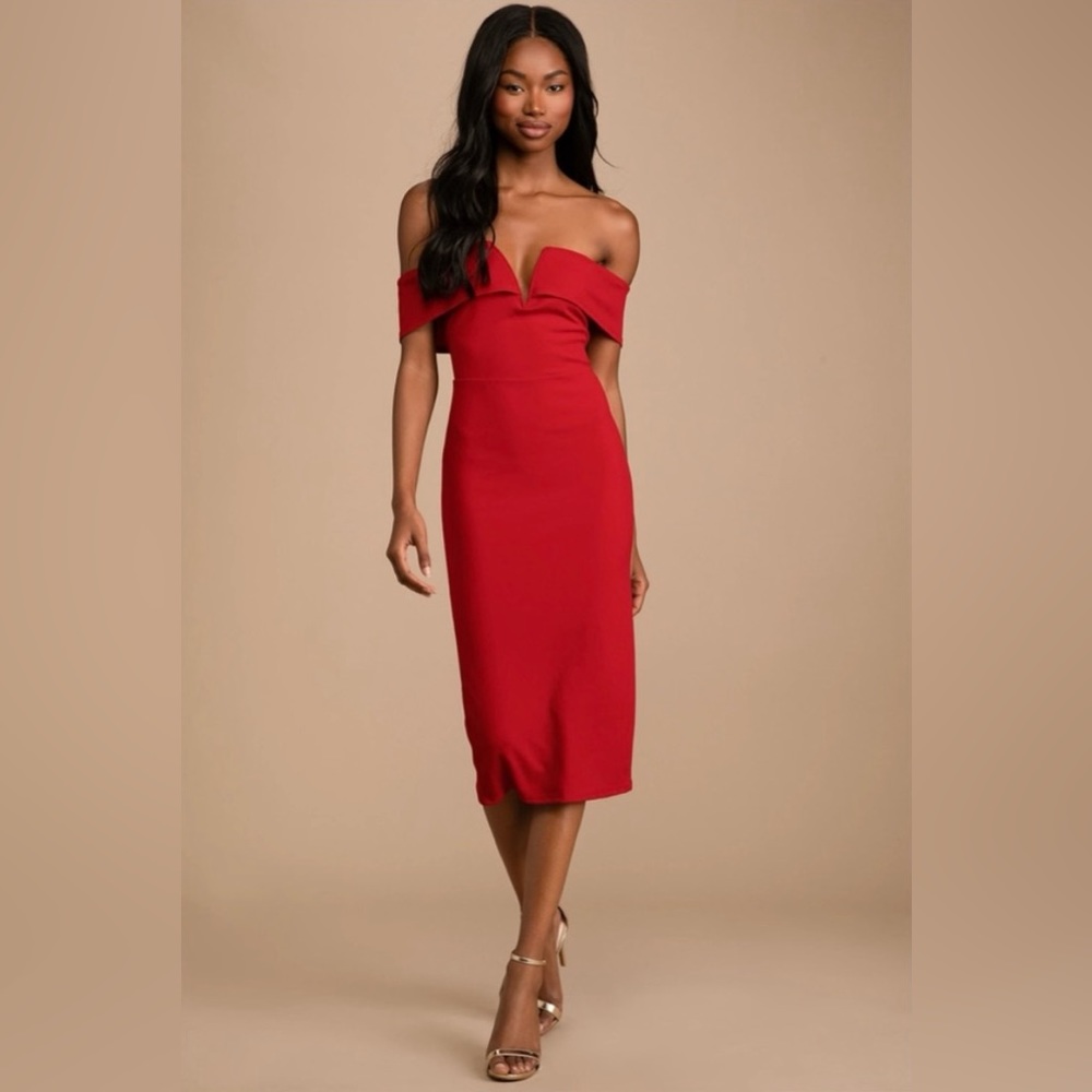 My Favorite Night Red Off-the-Shoulder Bodycon Midi Dress Lulus